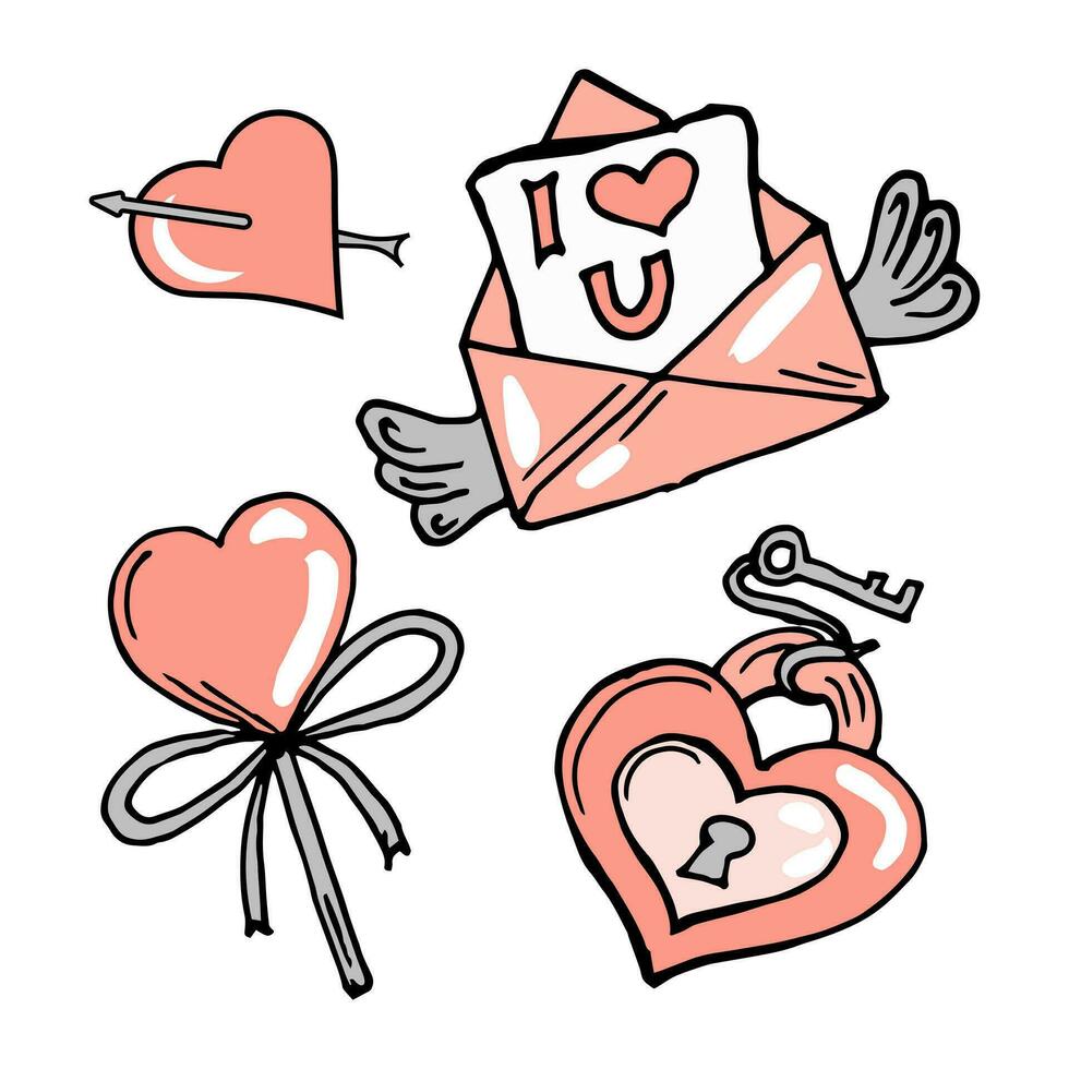 Valentine's Day doodle set, heart, key, candy heart, love letter with wings. Decor elements, vector