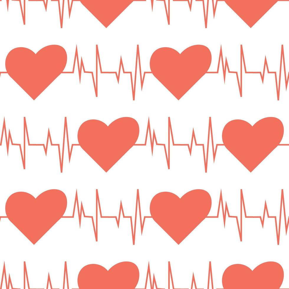 Seamless pattern, pink hearts and cardiograms. Design for Valentine's Day. vector