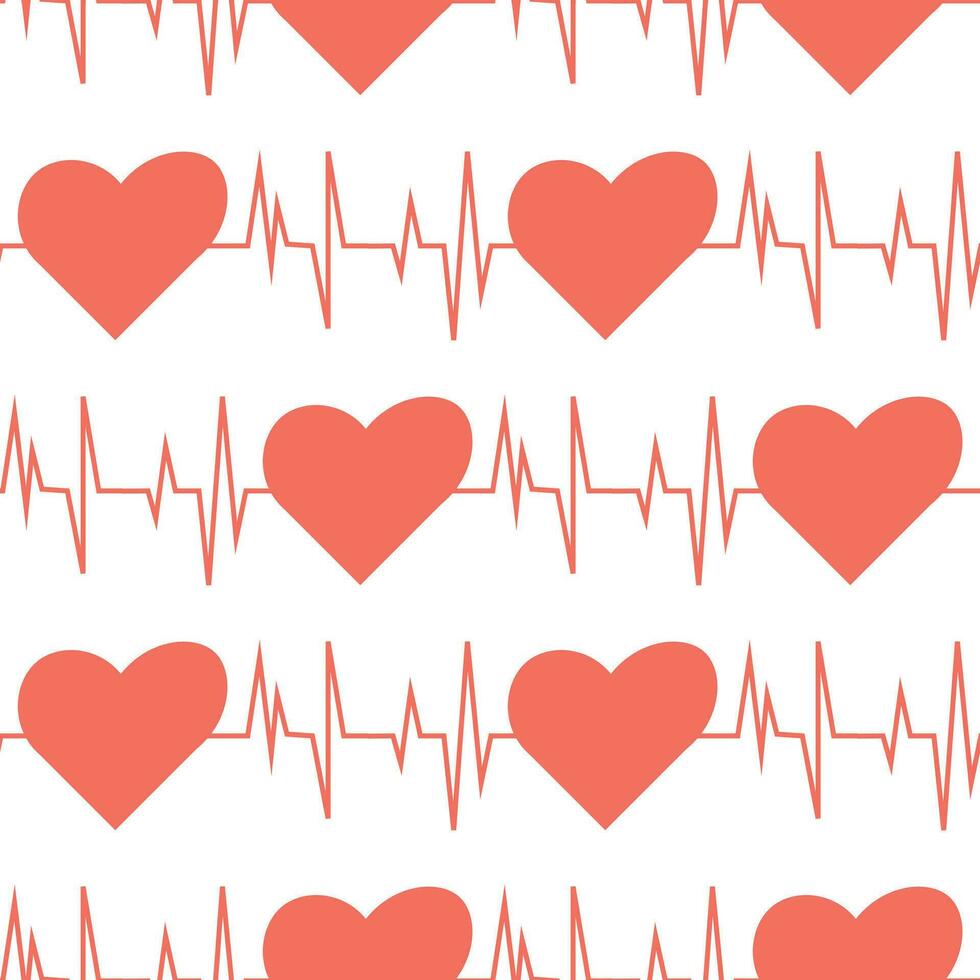 Seamless pattern, pink hearts and cardiograms. Design for Valentine's Day. vector