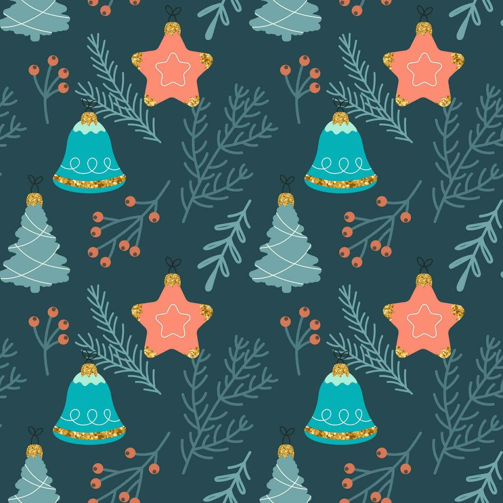 Christmas seamless pattern with Christmas tree decorations and twigs. New Year's design. Background, print, vector