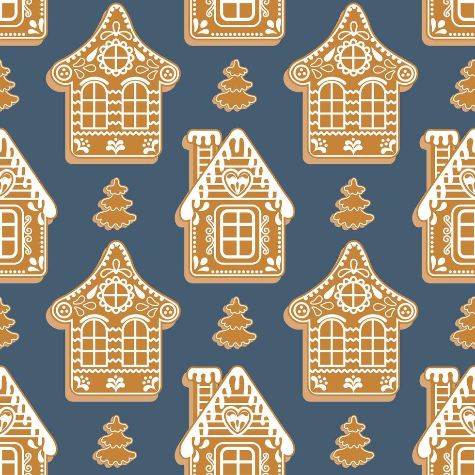 Christmas Seamless pattern of gingerbread houses and fir trees. Festive background in flat cartoon style. Vector