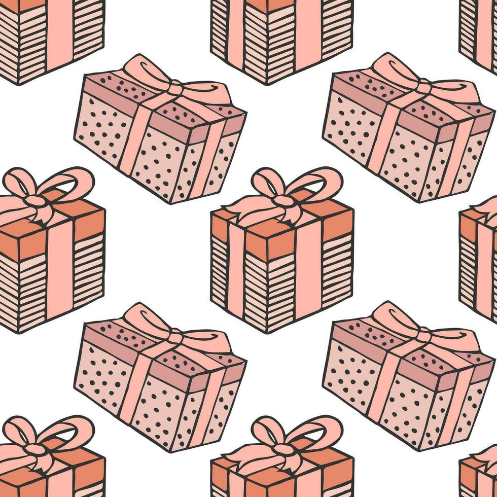 Seamless pattern, gift boxes with a bow on a white background. Print, background. vector