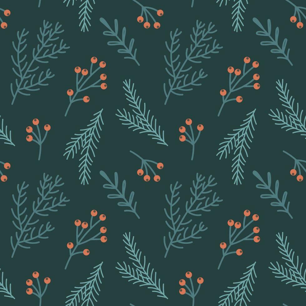 Christmas seamless pattern with Christmas tree branches and holly and rowan berries. New Year's design. Background, print, vector