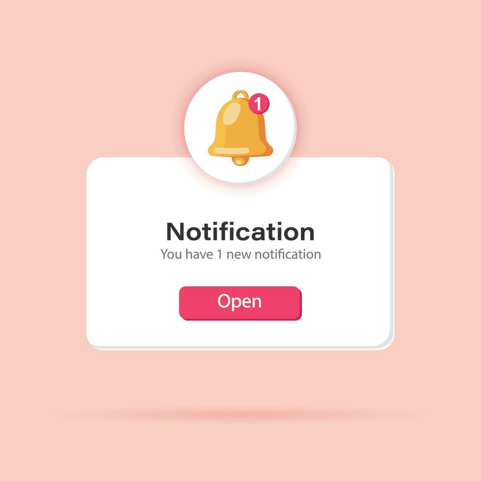 3d notification. Popup page with floating elements. Social media, business event planning, reminder with 3d bell. Web icon, button, vector