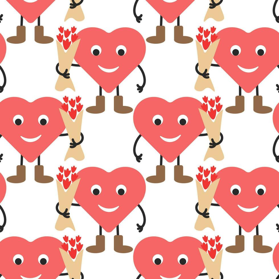 Seamless pattern, funny heart characters with a bouquet of flowers. Festive background, vector