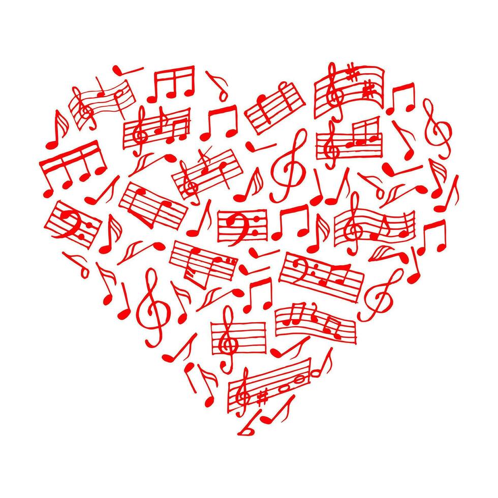 Heart made of musical notes and treble clefs. Print, illustration, vector