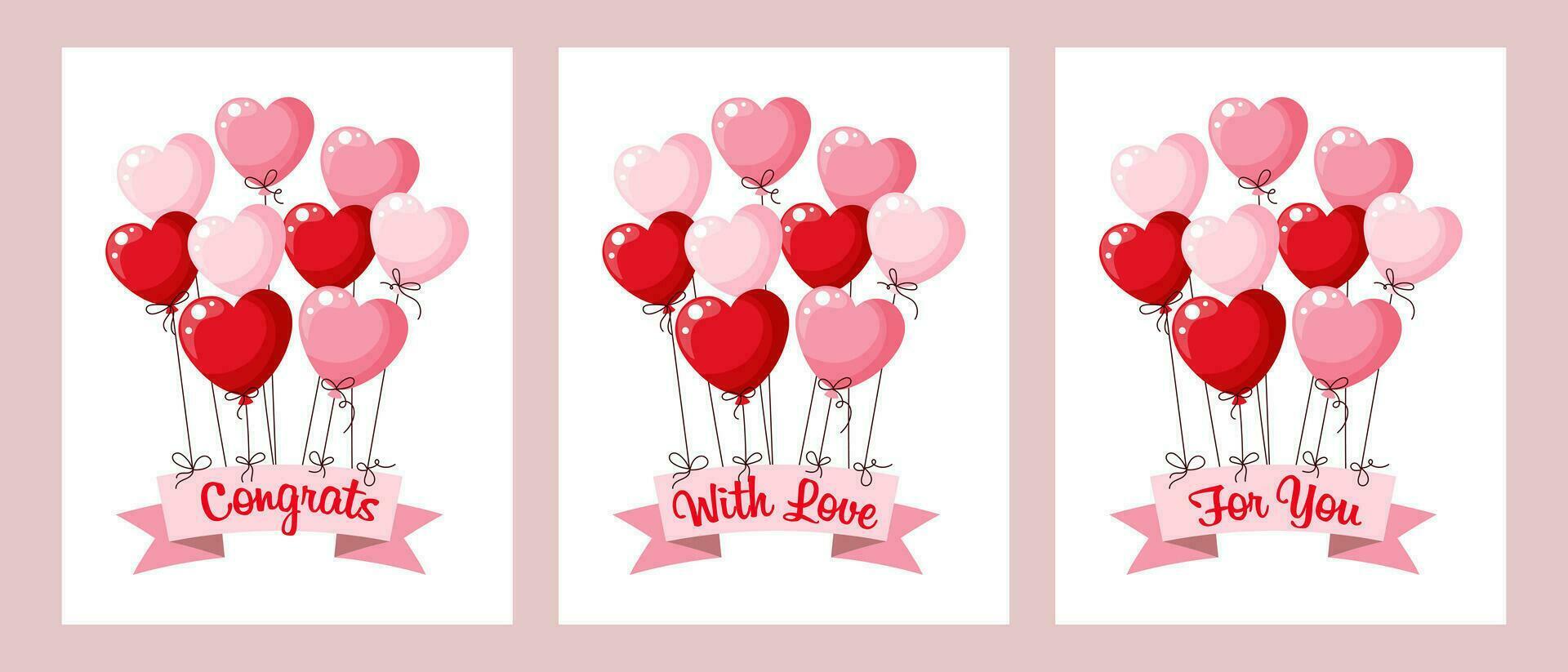 un juego de tarjetas con corazones de globos para el día de san valentín, boda. Felicidades, con mucho cariño, para ti. ilustración, vectorial vector