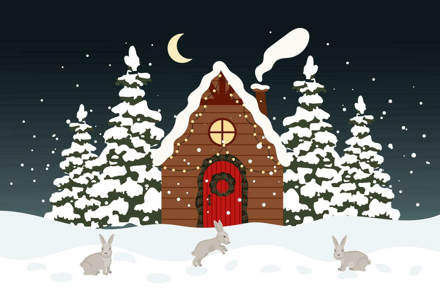 Winter landscape with cute houses, fir trees and hares in the snow. Merry Christmas greeting card template. Illustration in flat style. Vector