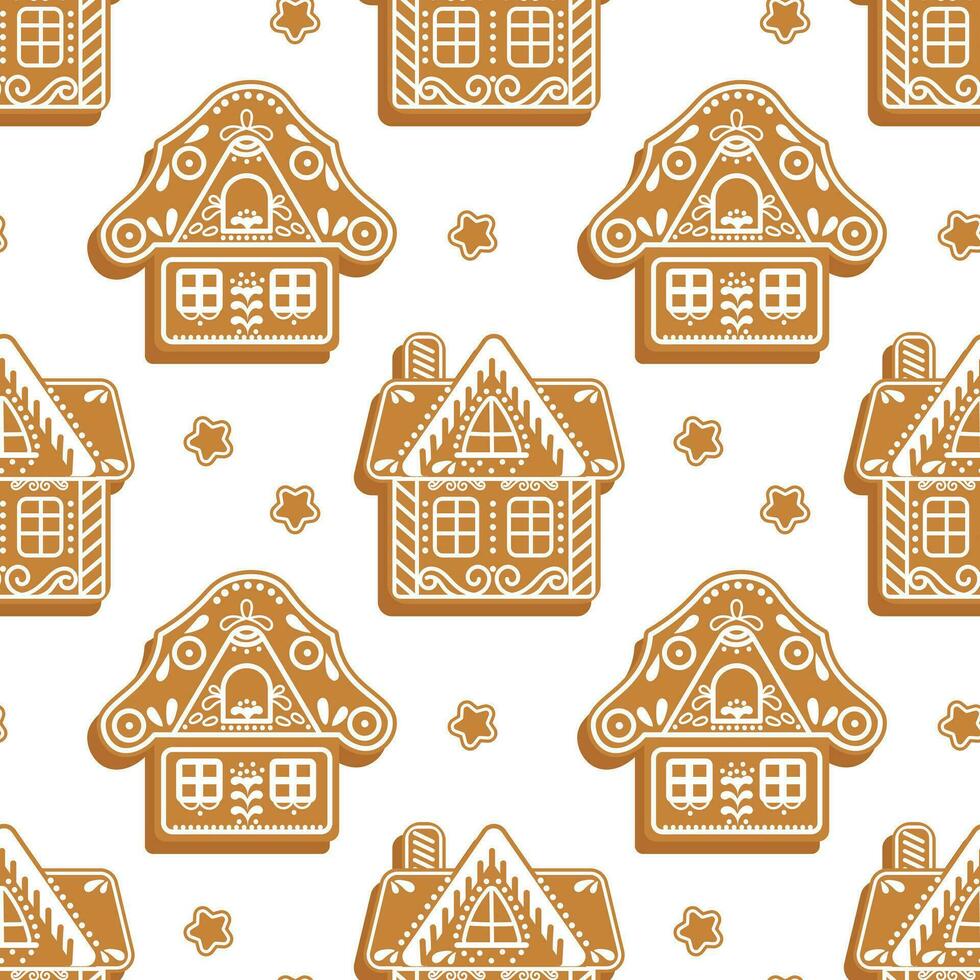 Christmas Seamless pattern of gingerbread houses and fir trees. Festive background in flat cartoon style. Vector