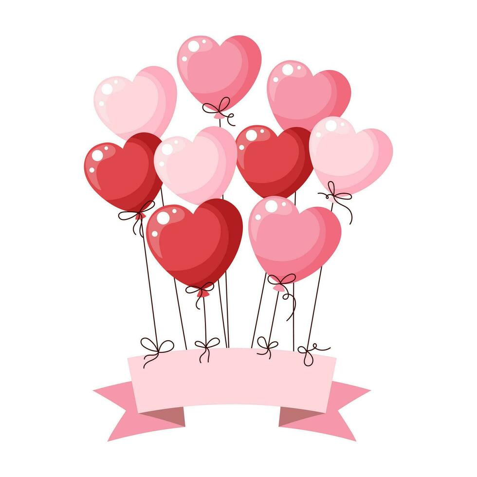 Card with balloons hearts for Valentine's Day, wedding. Congratulation postcard. Illustration, vector