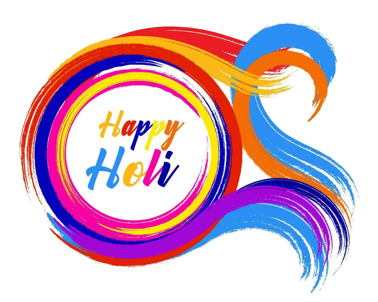Happy Holi, the spring festival of colors in India. Abstract colorful strokes with grunge texture brush and congratulatory text. Banner, postcard, vector