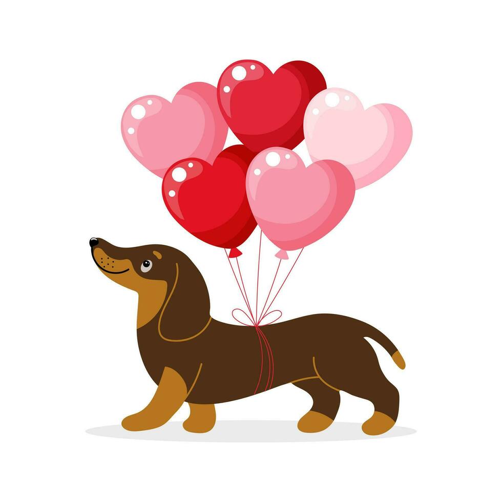 linda perro perro tejonero personaje con corazón conformado globos cumpleaños tarjeta. dibujos animados estilo, vector