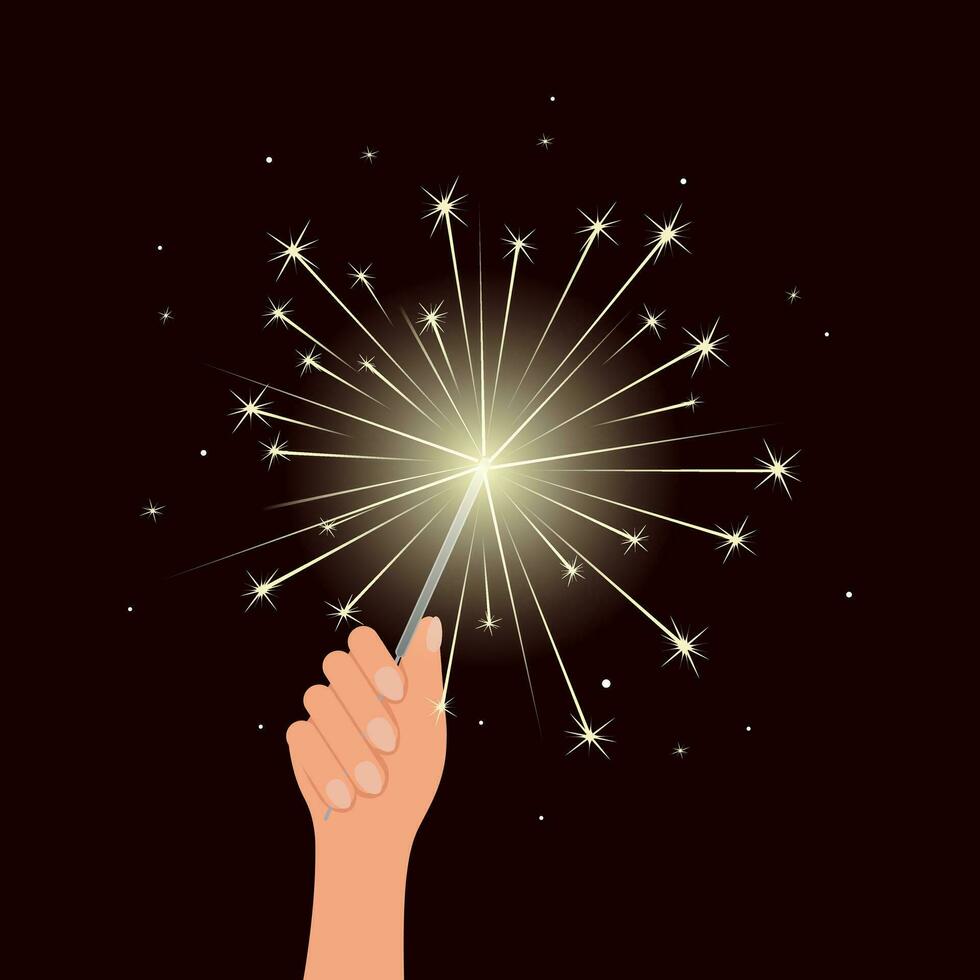 Bright sparkler in hand. Bengal light on a dark background. Holiday illustration, clip art. Vector