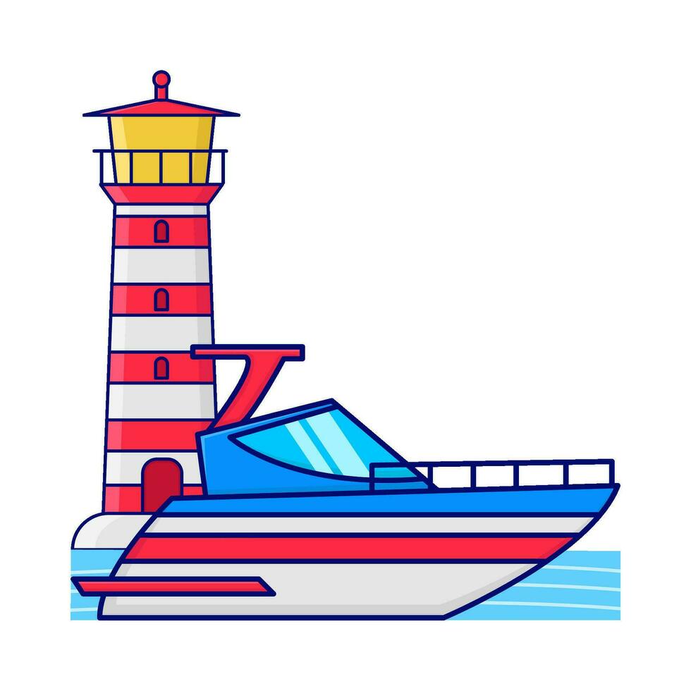 boat in sea with mercusuar illustration vector