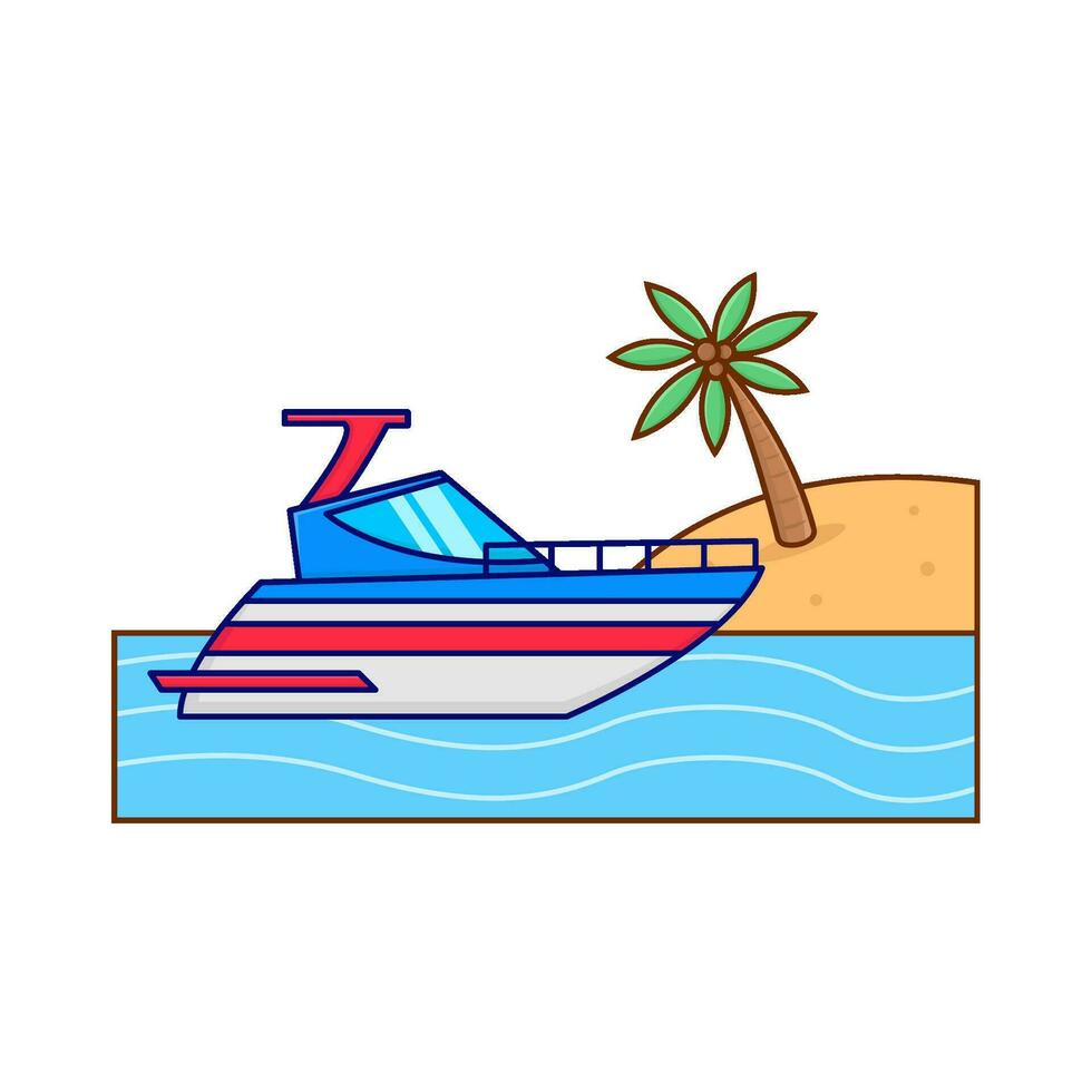 boat in beach with palm tree illustration vector