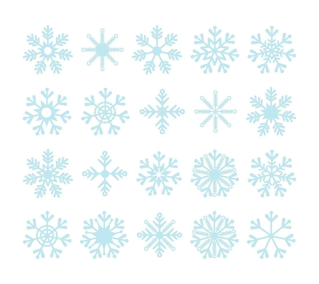 Different shapes of snowflakes, set of snow crystals. Winter elements for Christmas and New Year decoration, meteorological symbols. Vector illustration.