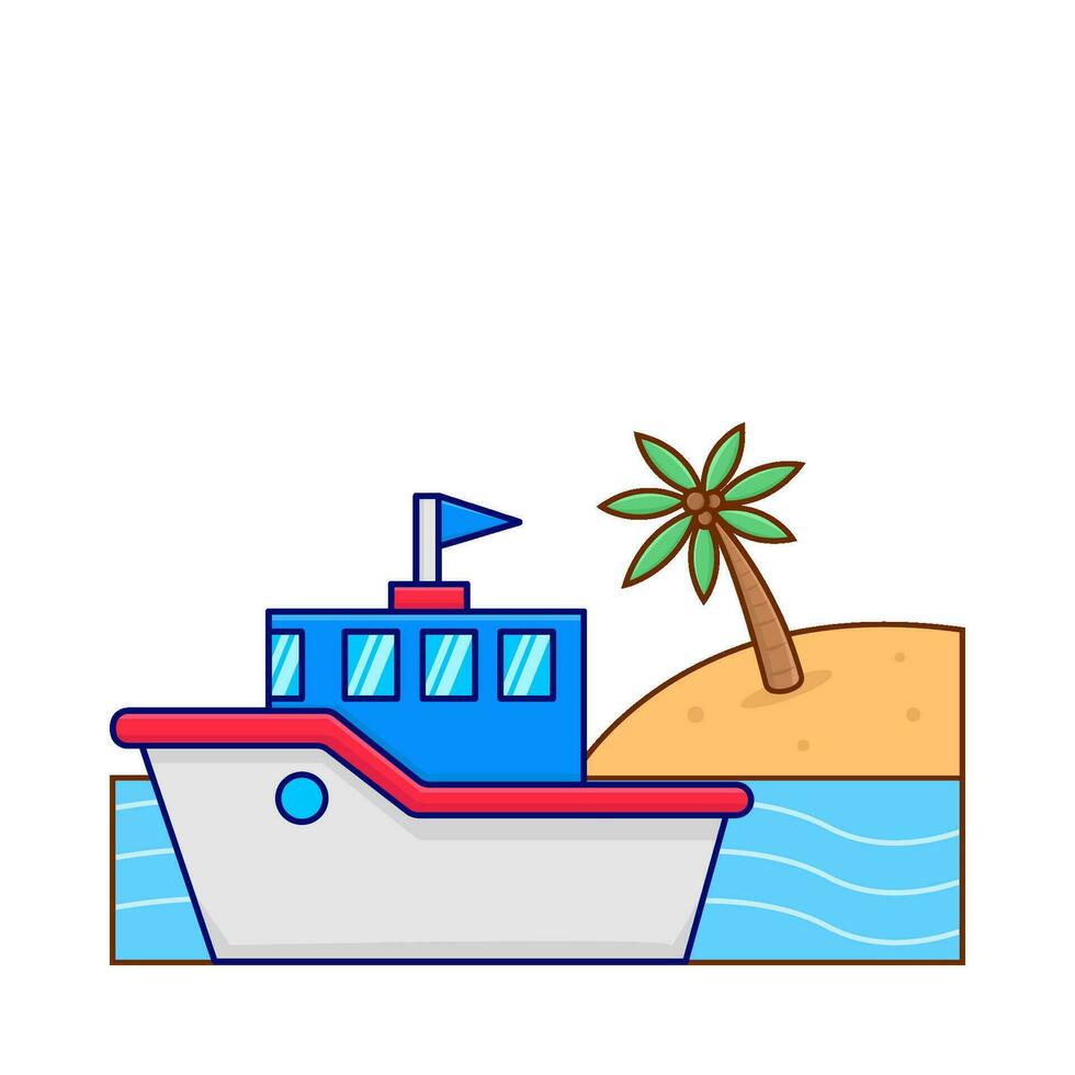 boat in beach with palm tree illustration vector