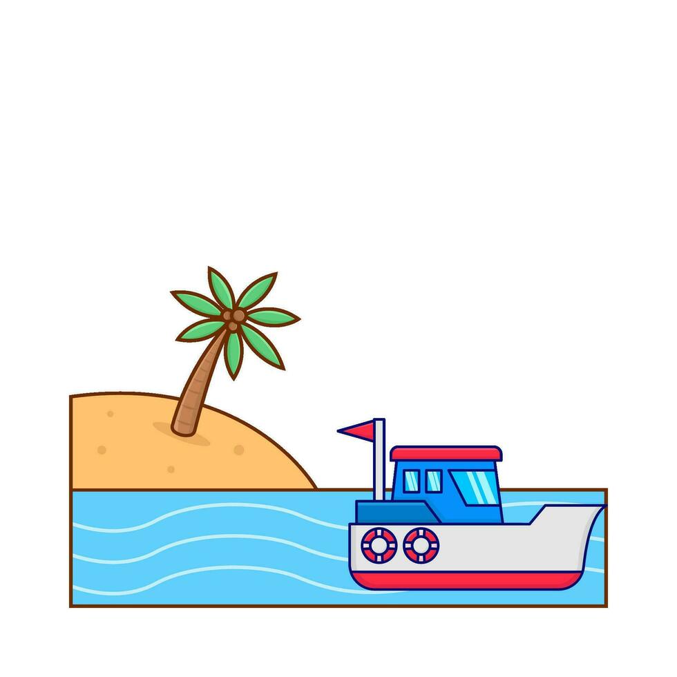 boat in beach with palm tree illustration vector