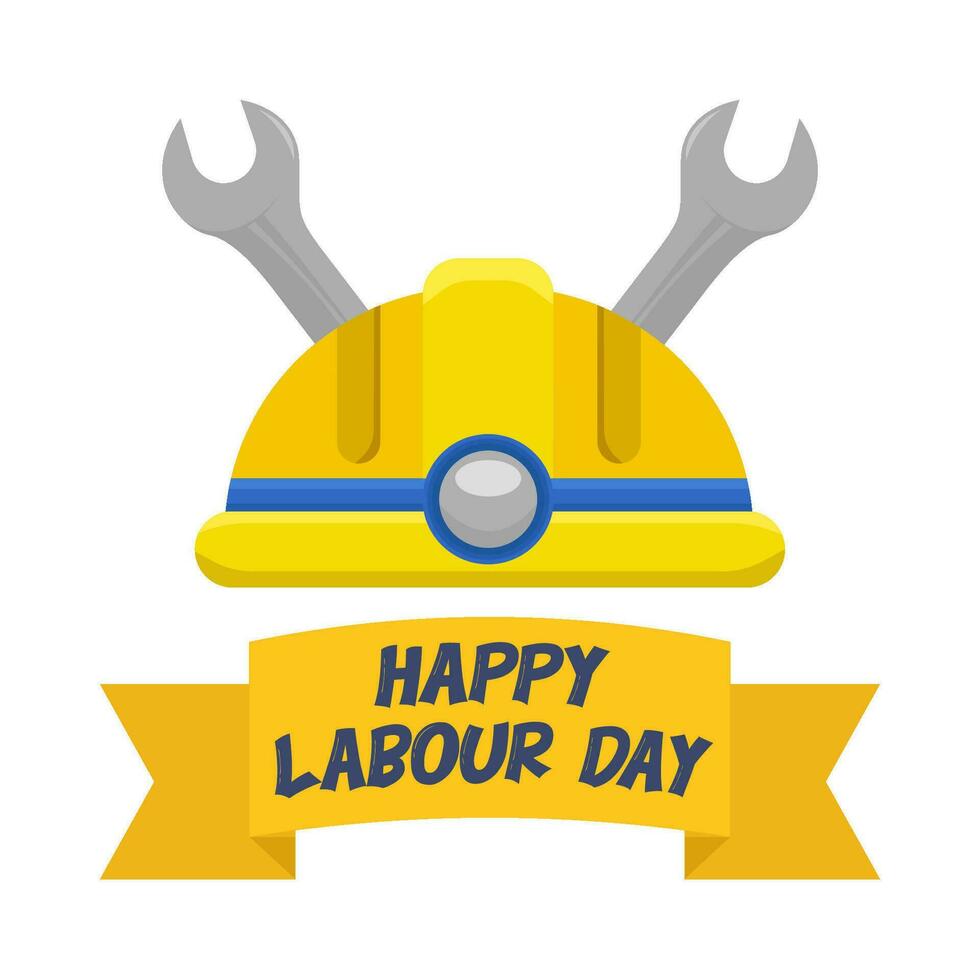 wrench tools, helmet labour with labour day ribbon illustration vector