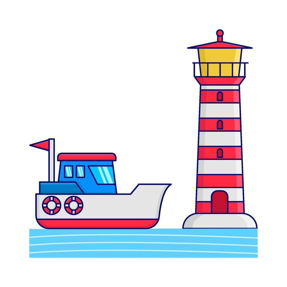 boat in sea with mercusuar illustration vector