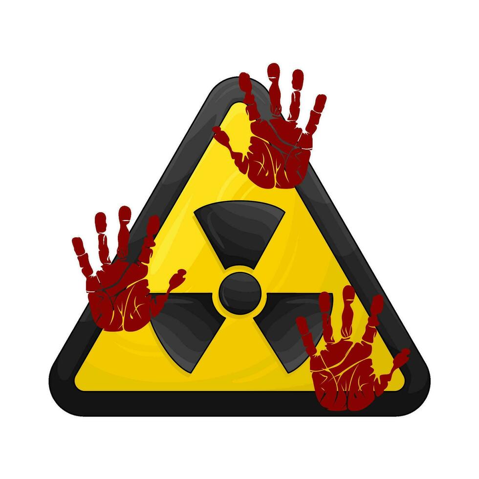 radioactive triangle board with palm prints blood illustration vector