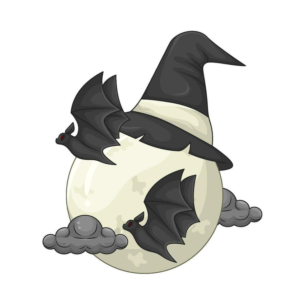 sombrero bruja en lleno luna, murciélago mosca con nube ilustración vector