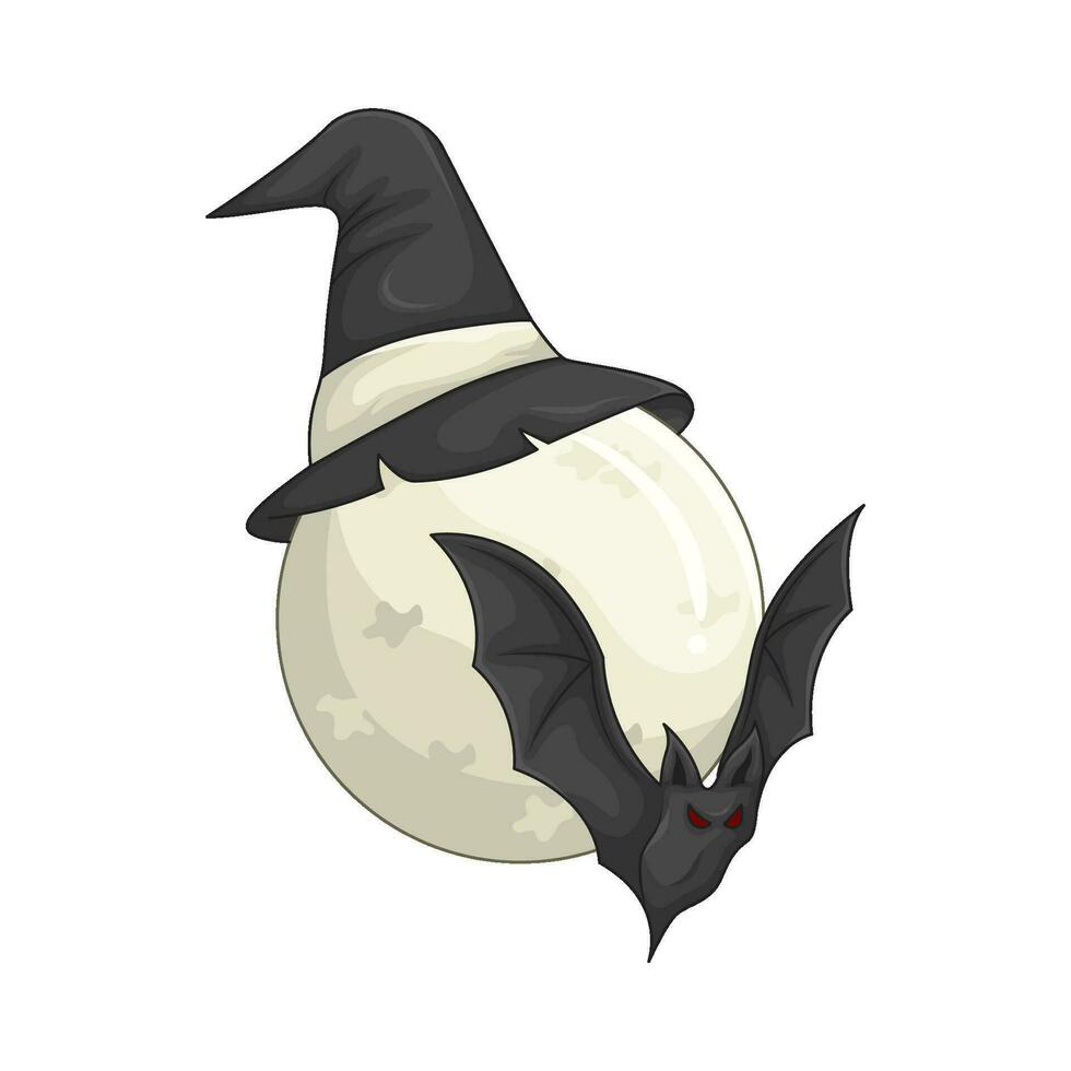 hat witch in full moon with bat fly illustration vector