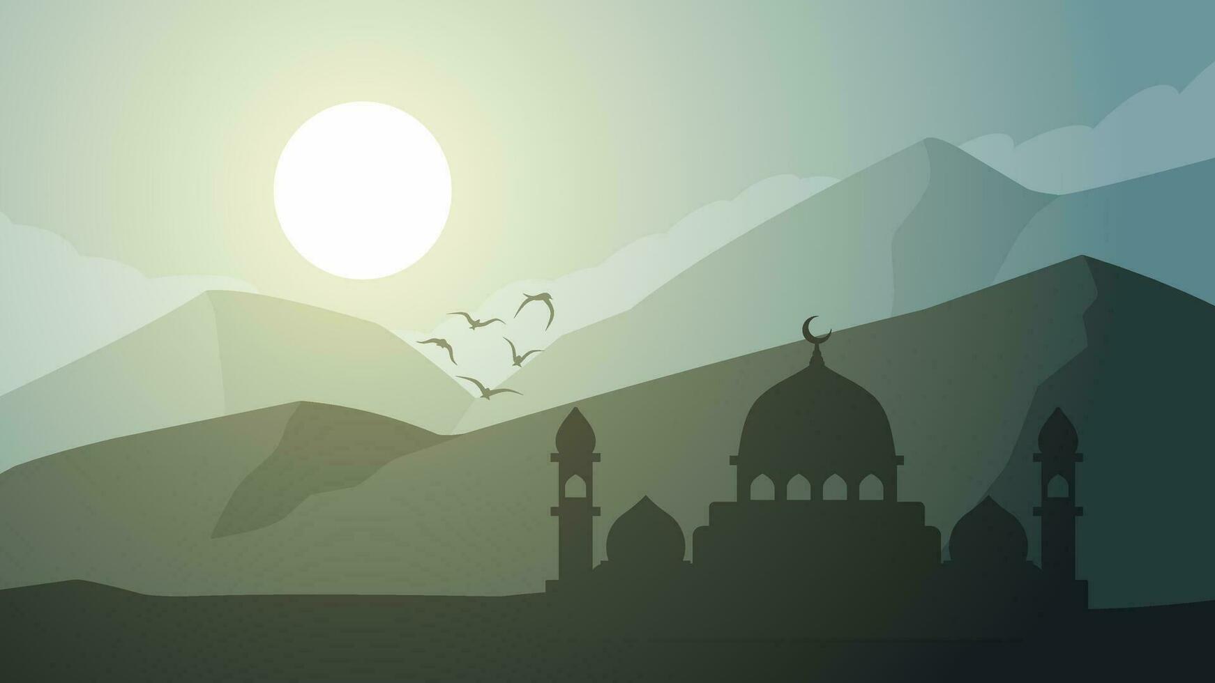 Ramadan landscape silhouette in the night vector illustration. Ramadan scenery design graphic in muslim culture and islam religion. Mosque landscape illustration, background or wallpaper