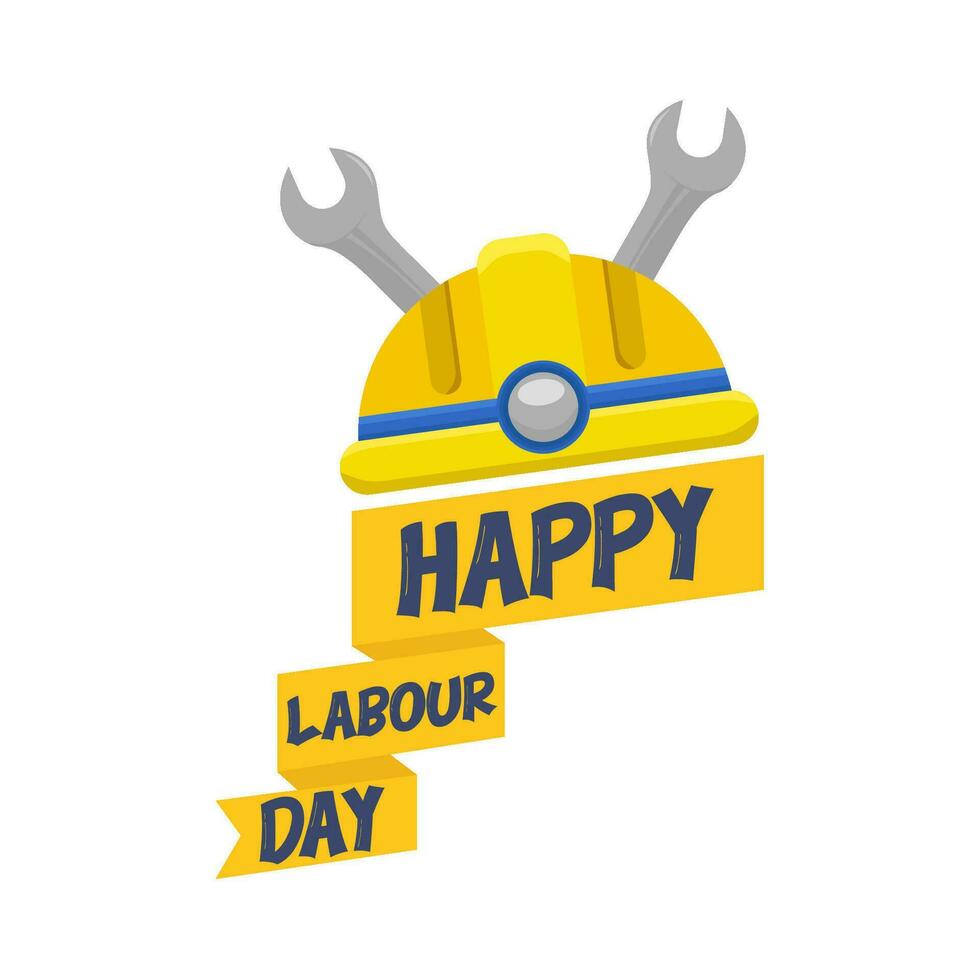 happy labour day in ribbon, helmet labour with wrench tools   illustration vector