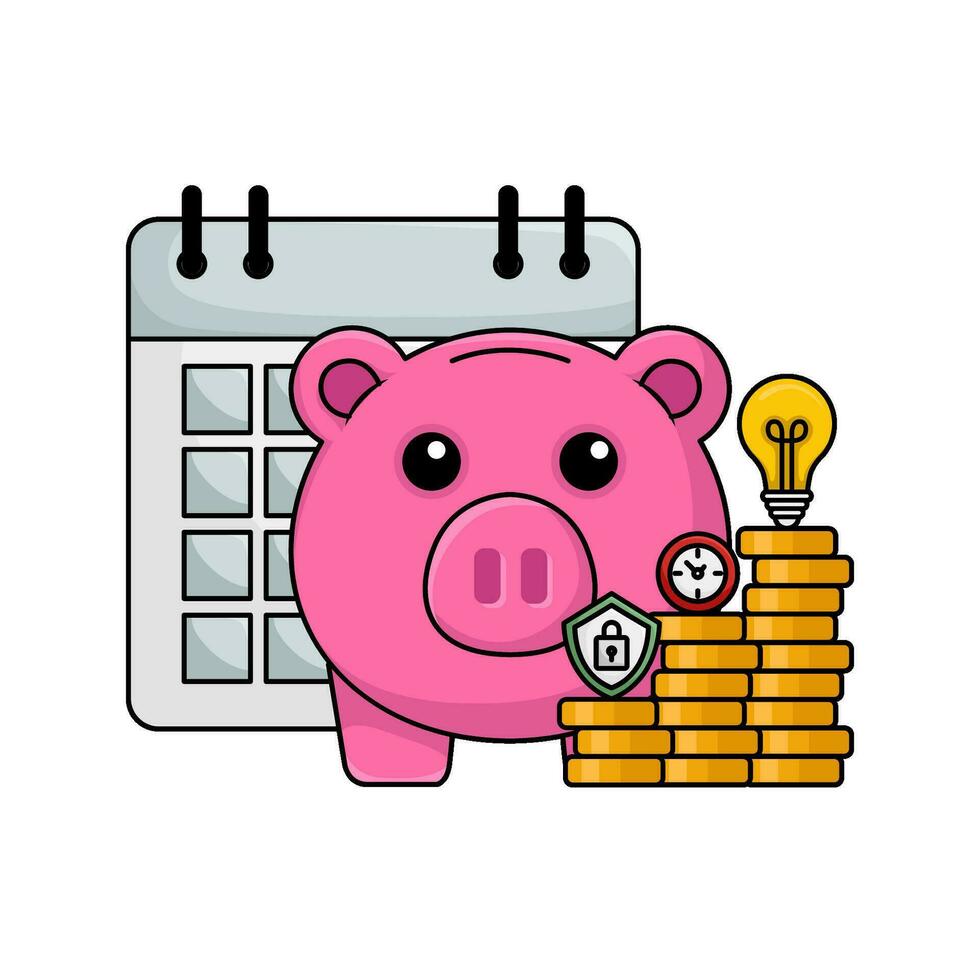 cerdito banco, dinero moneda, proteccion, reloj tiempo, lámpara con calendario ilustración vector