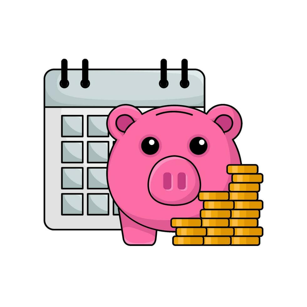 cerdito banco, dinero moneda con calendario ilustración vector