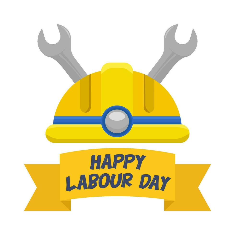 contento labor día en cinta, casco labor con llave inglesa herramientas ilustración vector