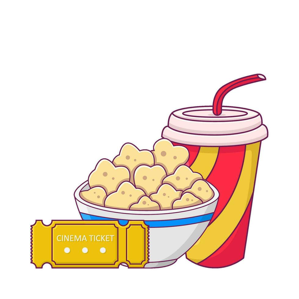 palomitas de maiz en bol, 3d lentes con boleto cine ilustración vector