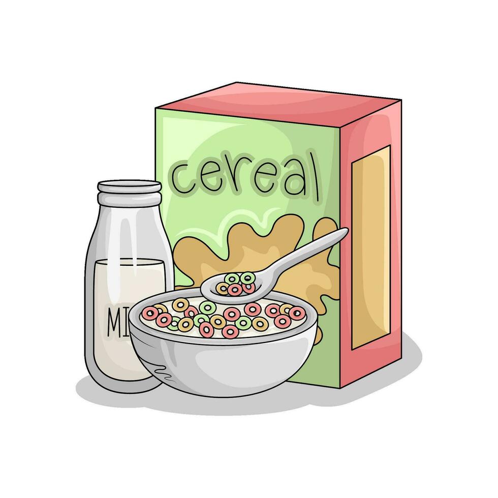 cereal box, milk with cereal in bowl illustration vector