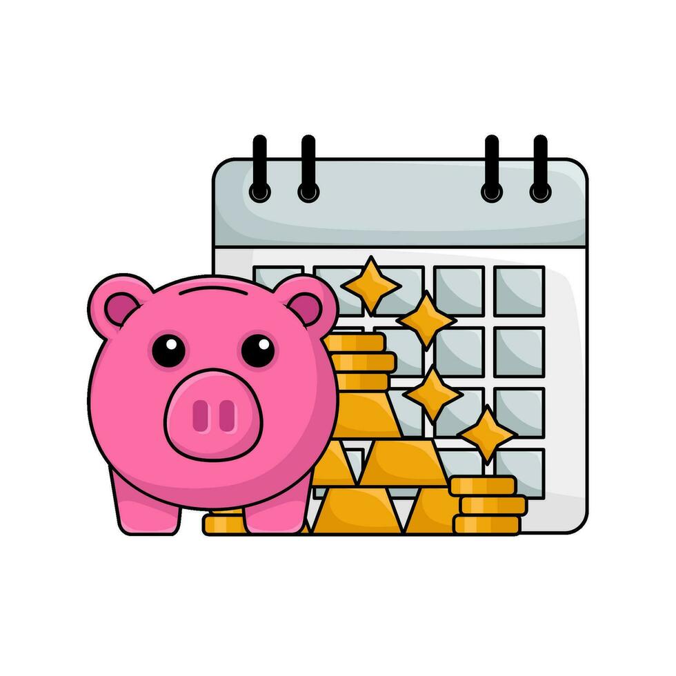 piggy bank, bar gold, money coin with calendar illustration vector