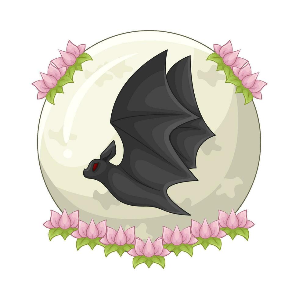 bat fly with flower in full moon illustration vector