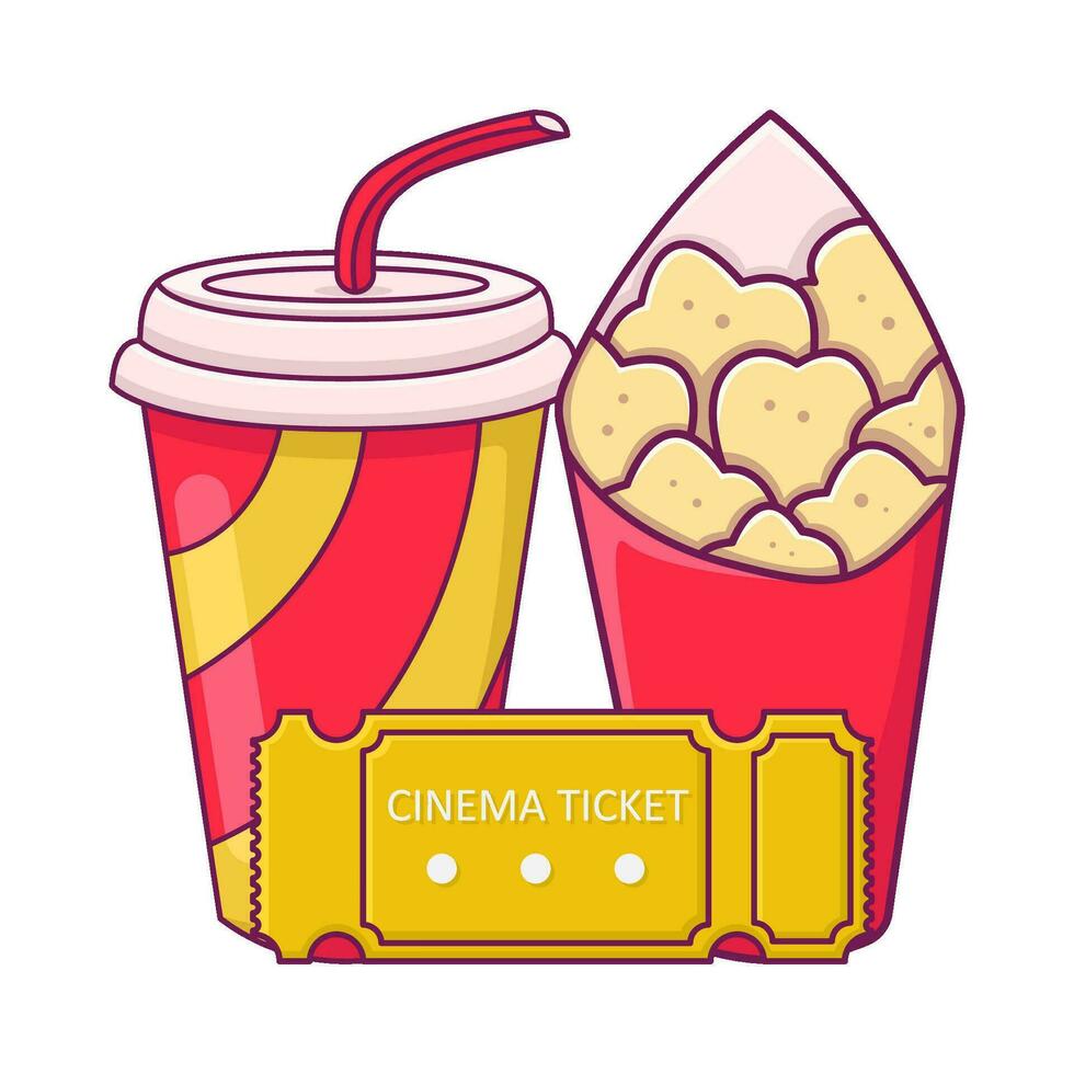 Palomitas, bebida con boleto cine ilustración vector