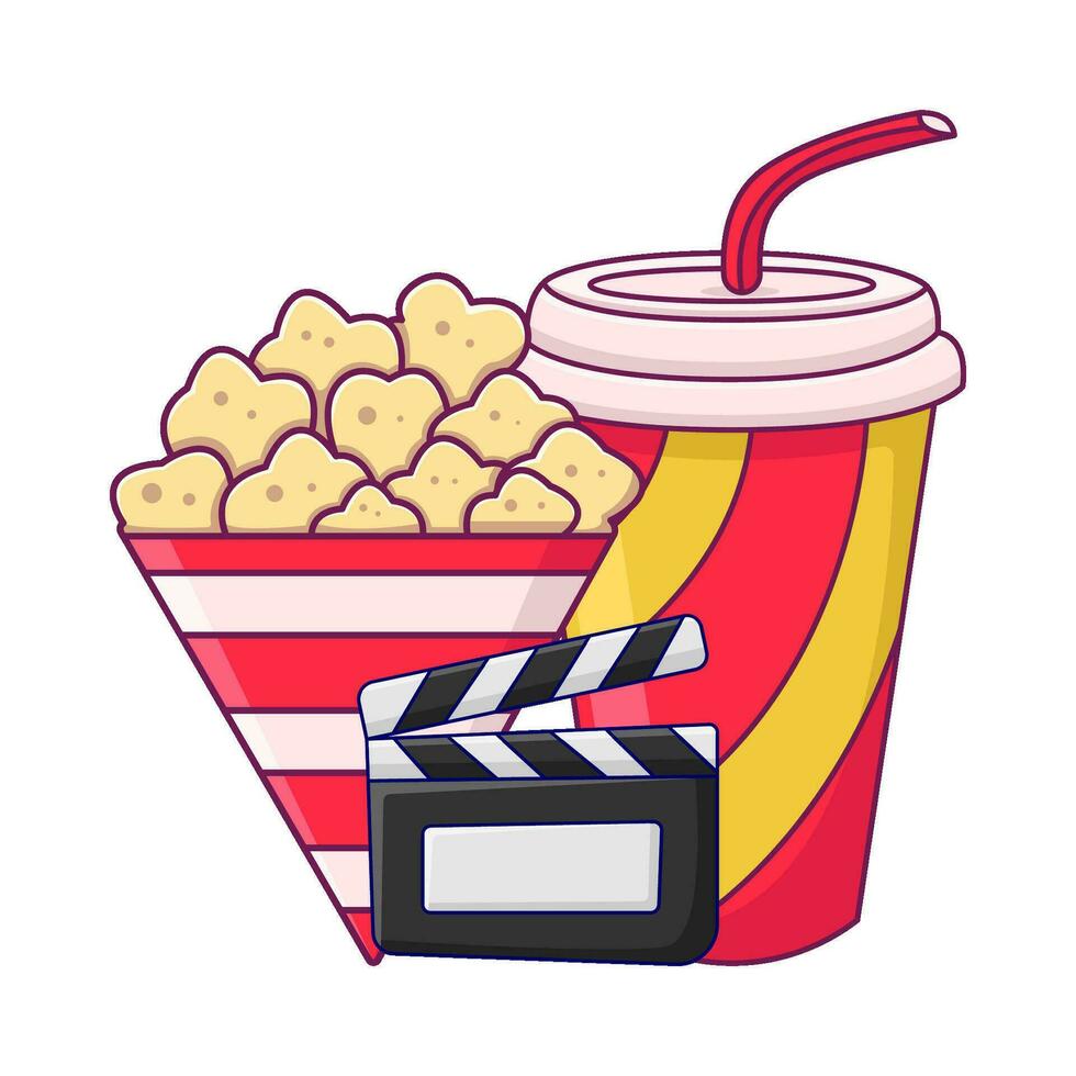 popcorn, cup drink with action board illustration vector