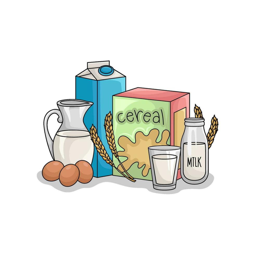 cereal caja, leche, trigo con huevo ilustración vector