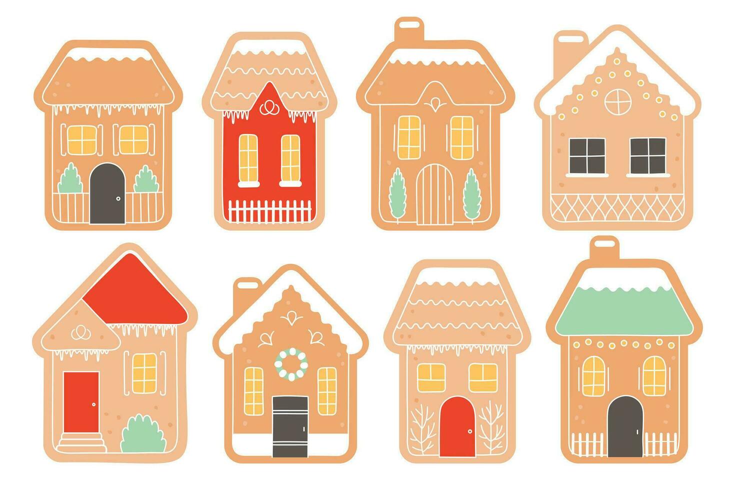 Gingerbread houses set. Hand drawn ginger bread cookies isolated on white background. . Vector illustration in brown yellow, red and green colours