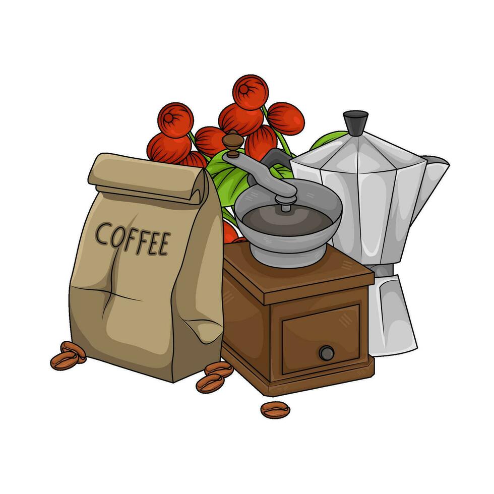 grinder, teapot, paper bag with coffee fruit illustration vector