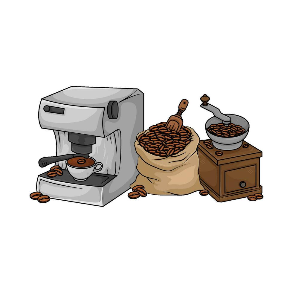 grinder, coffee ebans with coffee drink in coffee maker illustration vector