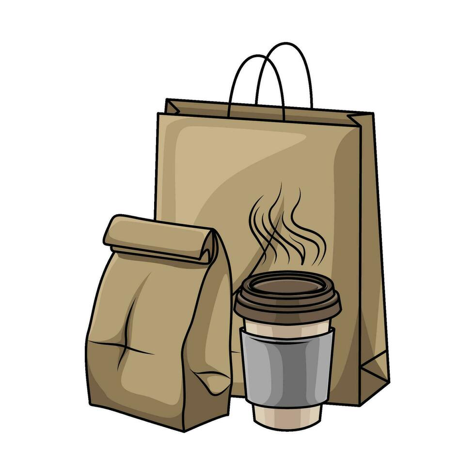 bolsa de papel con taza café bebida ilustración vector