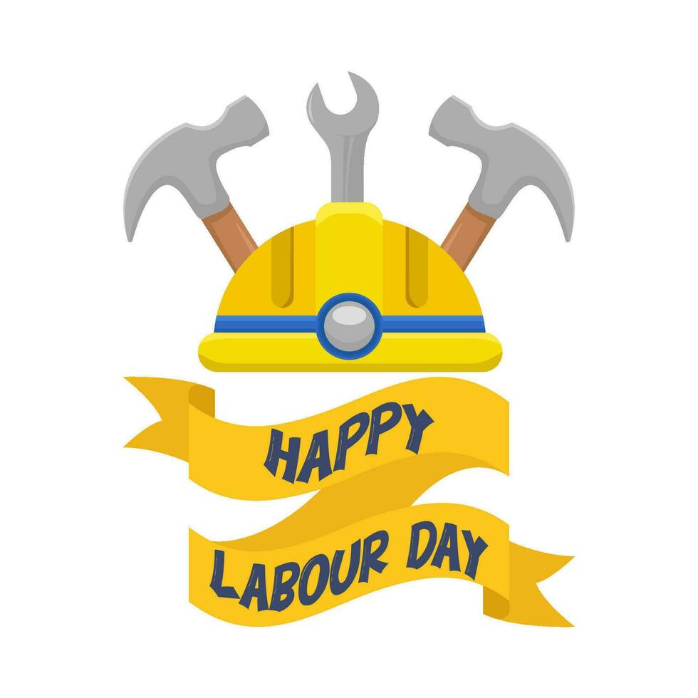 helmet labour, wrench tools, hammer with labour day ribbon illustartion vector