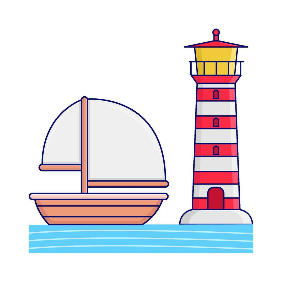 boat in sea with mercusuar illustration vector