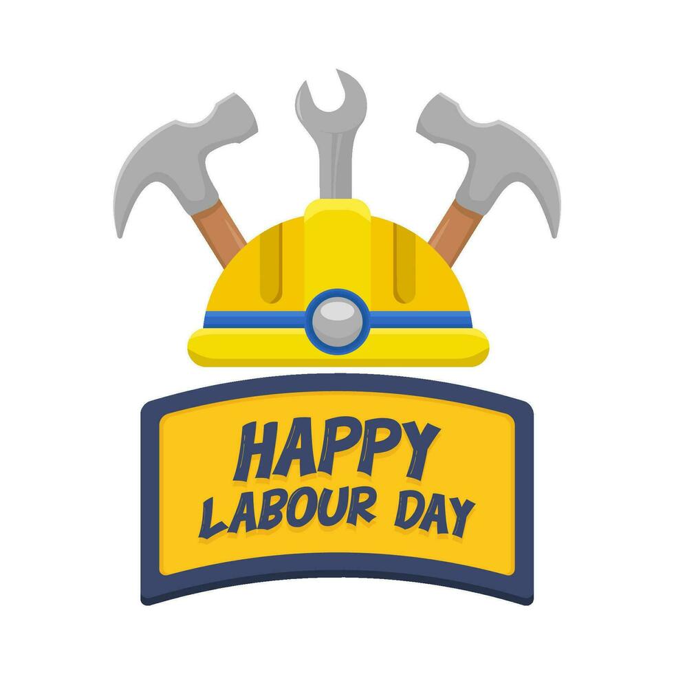 happy labour day in ribbon, helmet labour, wrench tools  with hammer illustration vector