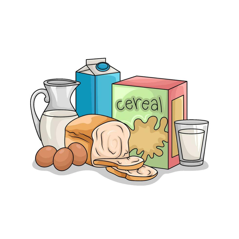 cereal box, bread, milk with egg illustration vector