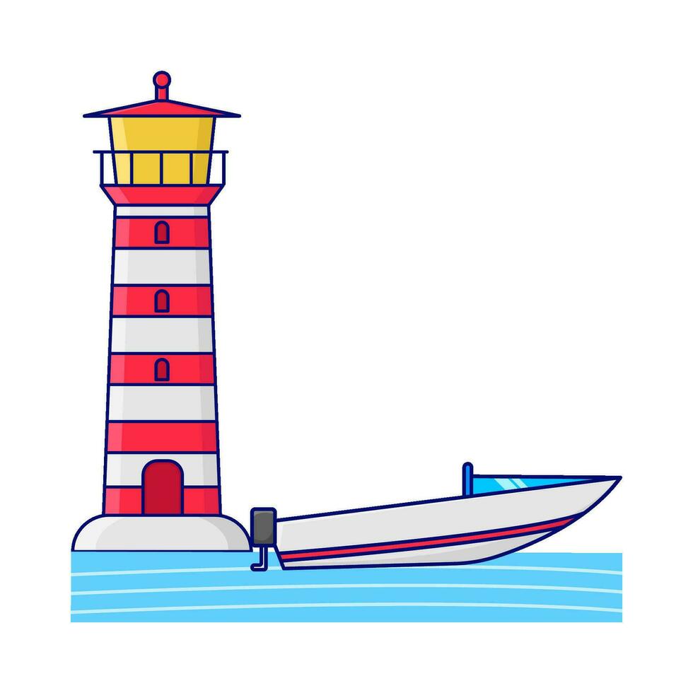boat in sea with mercusuar illustration vector