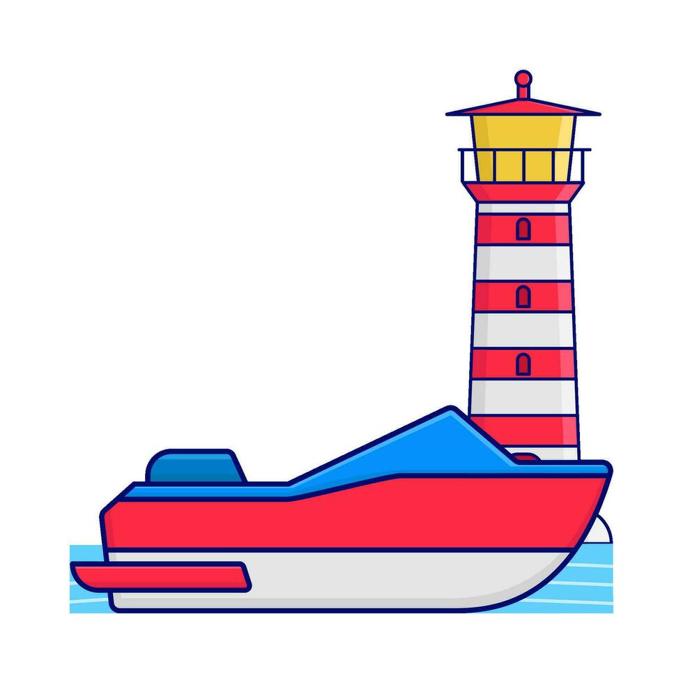 boat in sea with mercusuar illustration vector