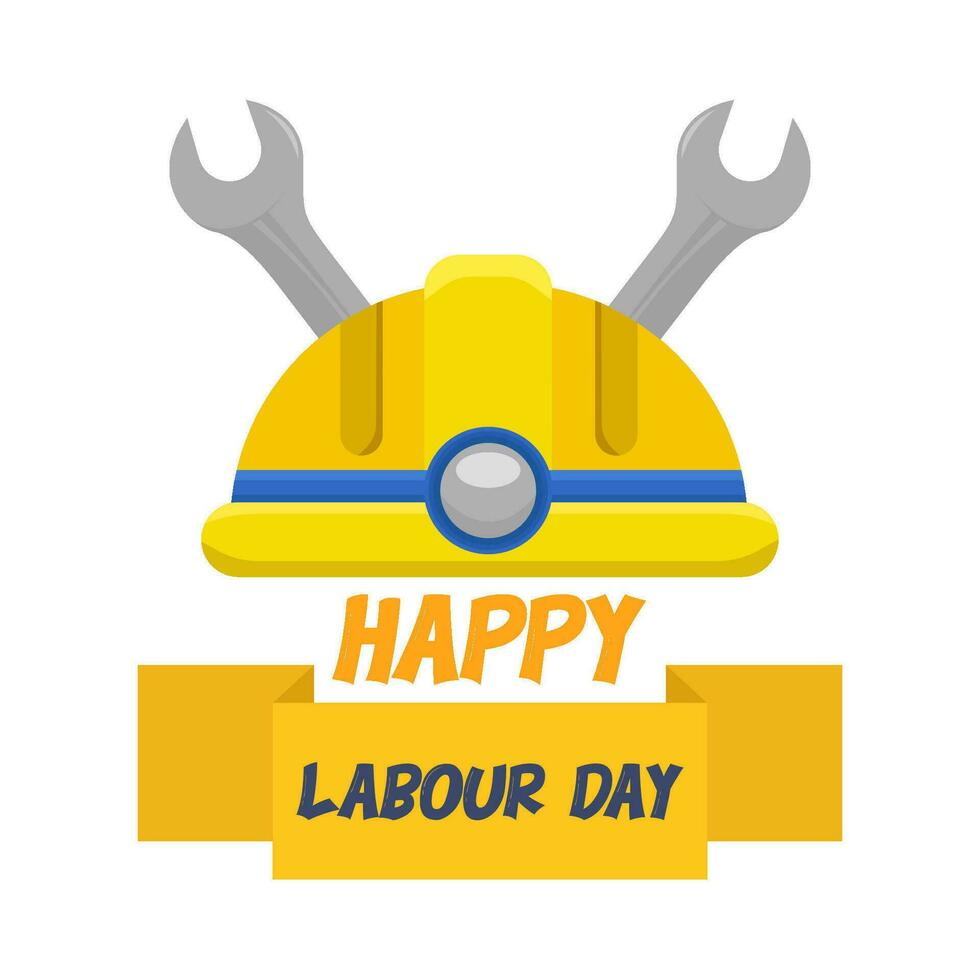 happy labour day in ribbon, helmet labour with wrench tools   illustration vector